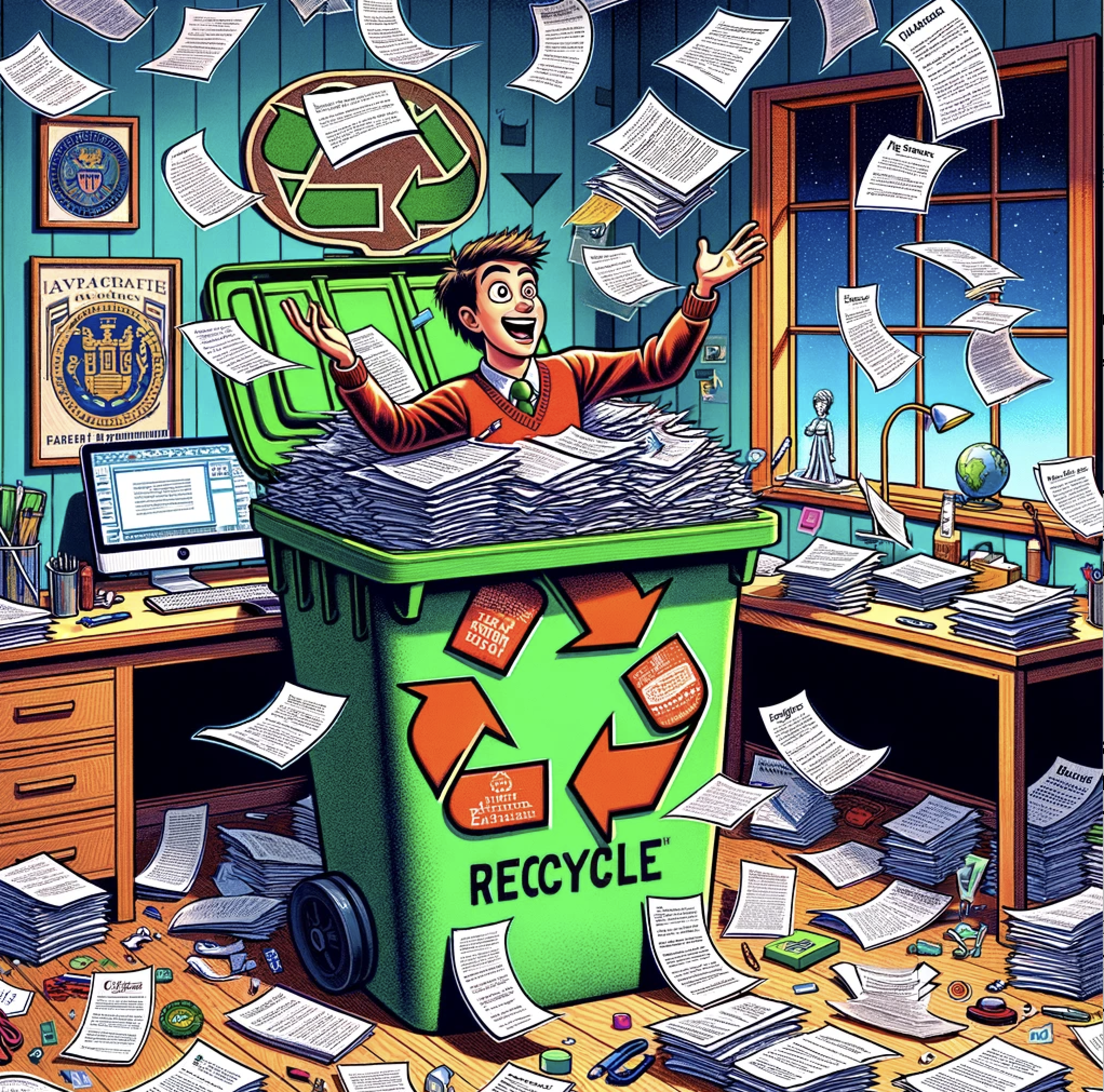 A vibrant illustration depicts a man in a sweater, cheerfully popping out from an oversized green recycling bin brimming with papers, in a whimsically messy office. The bin is humorously adorned with a 'RECYCLE' emblem, emphasizing the theme of reusing. Papers flutter through the air, mimicking the man's buoyant spirit towards the concept of repurposing content. The chaotic desk, cluttered with documents and a computer displaying a text document, signifies the multitasking involved in tailoring personal statements for various applications. The room is adorned with academic certificates, hinting at the academic nature of the applications, while a night sky visible through the window implies dedication to the task, regardless of the hour.